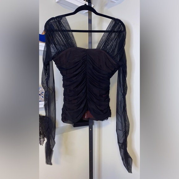 A.L.C Womens Black Mesh Ruched Lined Long Sleeve V Neck Party Top - Picture 8 of 11